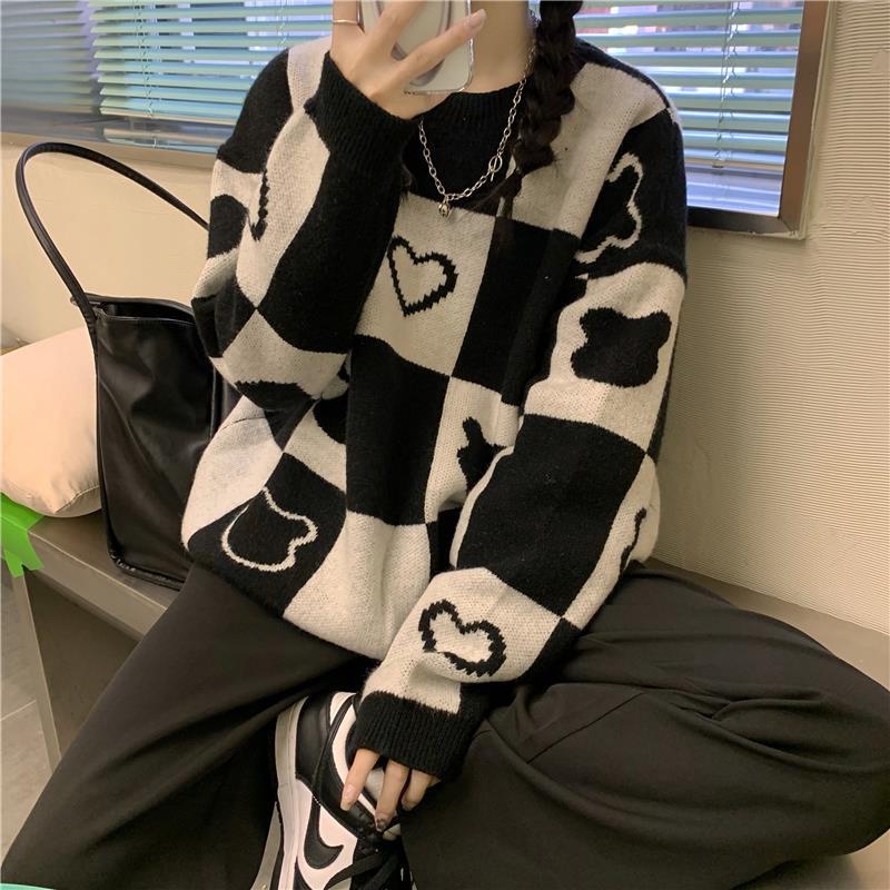 Áo sweater cổ tròn dáng rộng in hình gấu phong cách Hàn Quốc