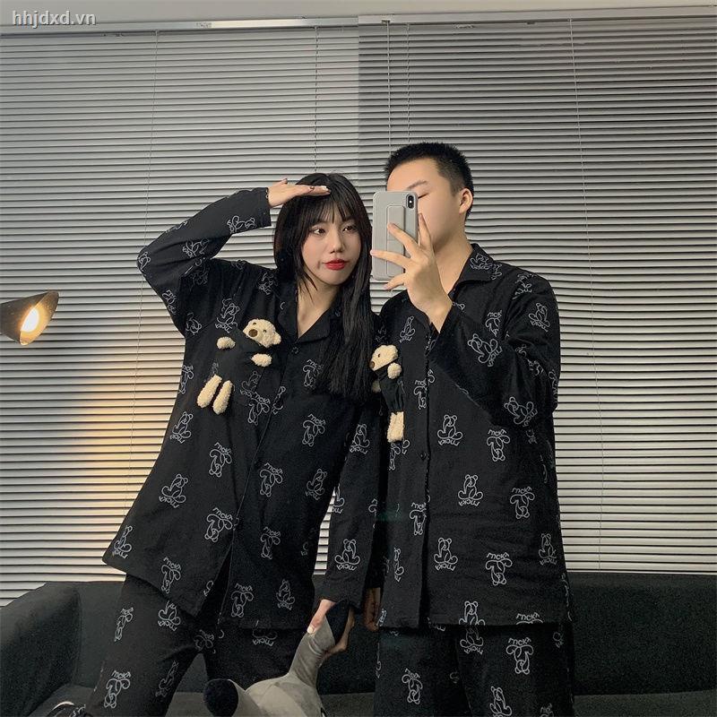 Bộ đồ ngủ tay dài in hình gấu dễ thương thời trang thu đông cho cặp đôi