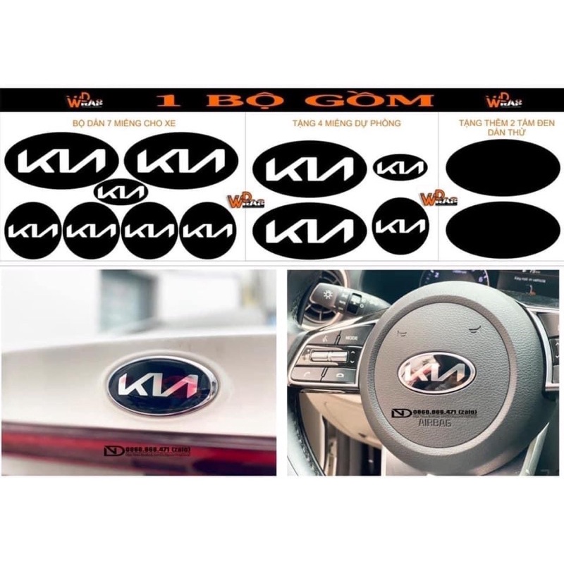 Decal Logo KIA Morning, Cerato, k3k5 cũ, Optima từ đời 2016-2021 (7 miếng tặng 3 miếng và 2 miếng dán thử không chữ)