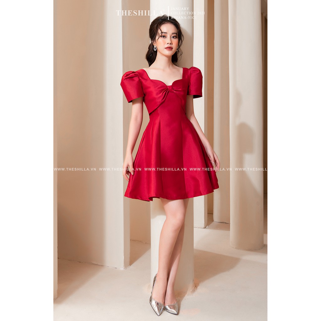 Váy thiết kế cao cấp màu đỏ phối nơ trước ngực tay phồng [ Có video + Ảnh thật ] The Shilla - Rihana-51C1 | BigBuy360 - bigbuy360.vn