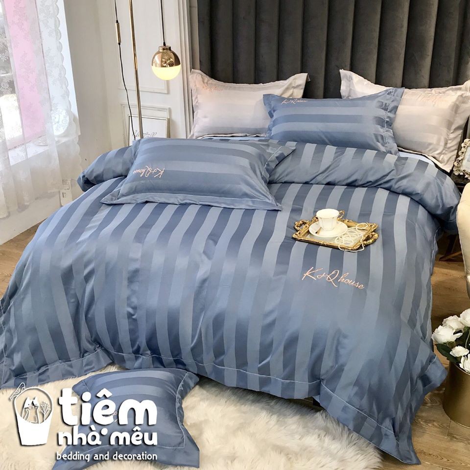 Bộ Chăn Ga Gối Lụa Sateen✨ m6/m8/2m -Full size Tiệm Nhà Mêu✨Set 4 Món: 2 Vỏ gối ,drap ,vỏ chăn Lụa KQ Sọc Kẻ