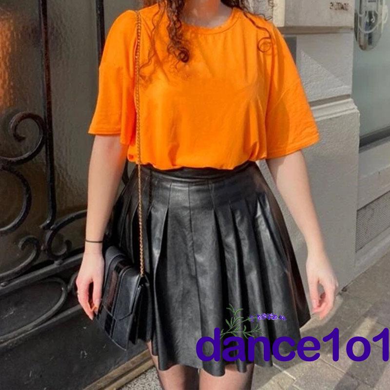 Chân Váy Da Pu Lưng Cao Xếp Ly Màu Trơn Thời Trang Cho Nữ