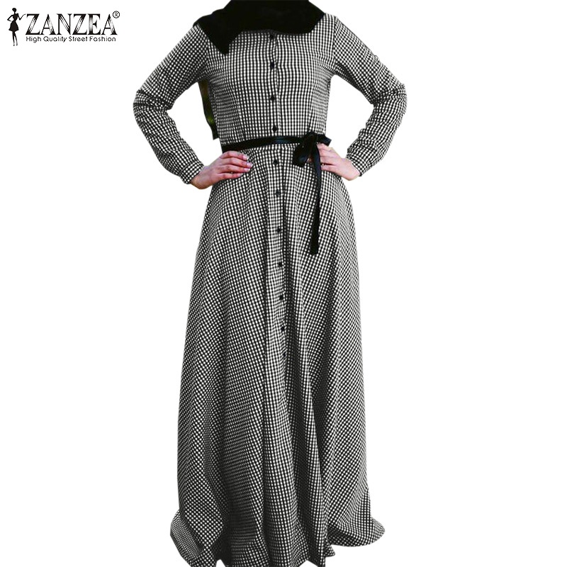 Đầm maxi ZANZEA tay dài cài nút in họa tiết caro thời trang dành cho phụ nữ hồi giáo