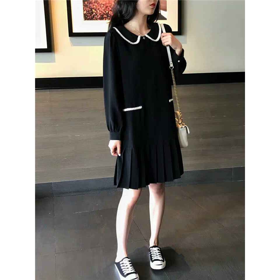 Đầm Bầu Công Sở - Váy Bầu GUME màu đen dài tay viền cổ trắng đuôi cá chất vải sạn lụa size từ 40-100kg MB142_ảnh thật