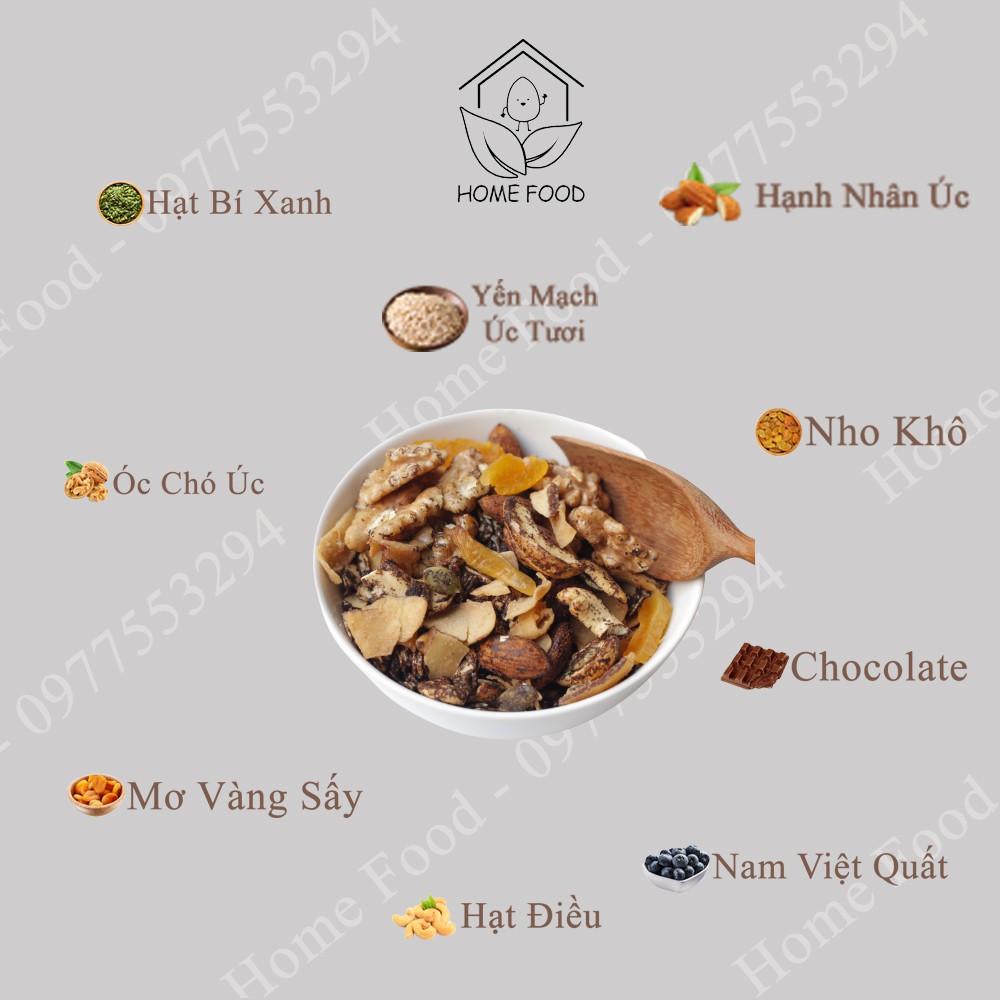 Granola ăn kiêng siêu hạt nướng mật ong, không đường, thêm óc chó, mơ vàng - 500g ( 3 vị ) - Home Food