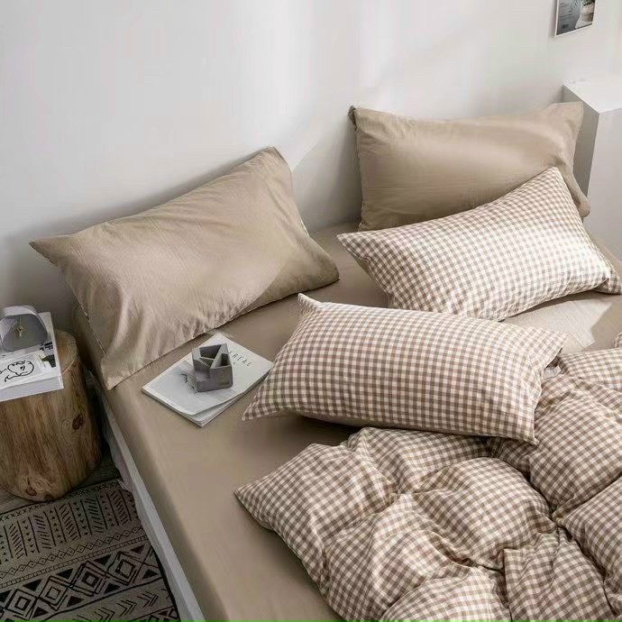 Bộ Chăn Ga Gối Cotton Poly Lidaco Caro Nâu Be Ga Chun