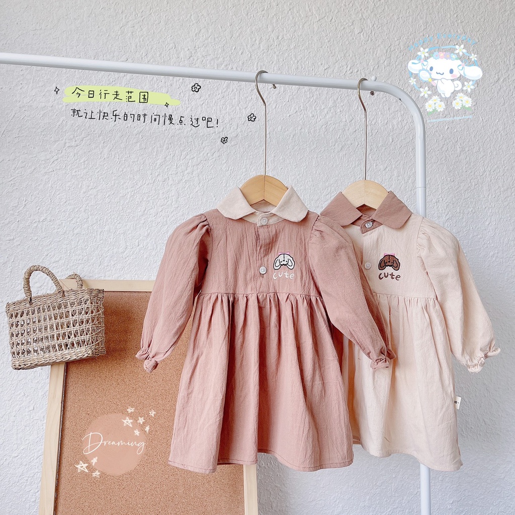 Váy thu dài tay cổ sơ mi thêu cún chất thô cara cho bé gái 1-5 tuổi