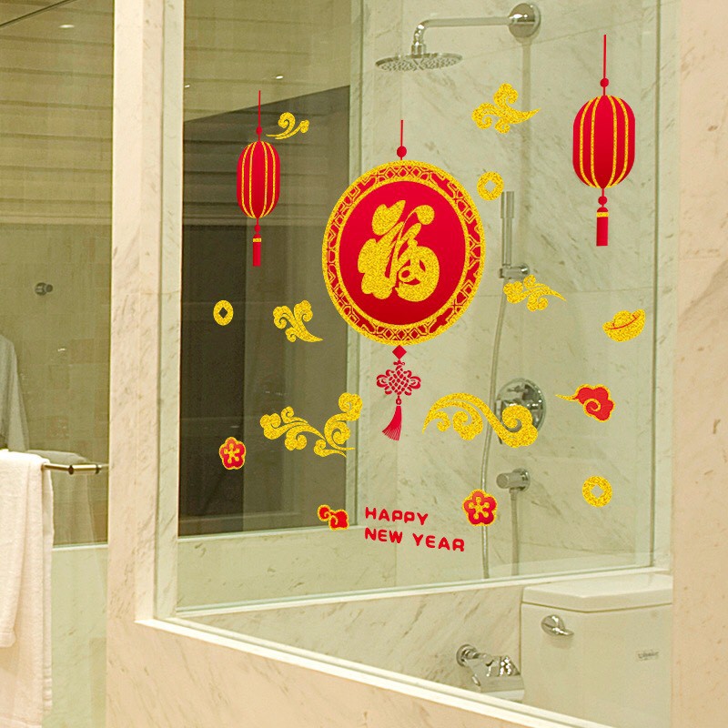 Decal trang trí tết - Vòng tròn nhũ kim tuyến đỏ chữ PHÚC lớn