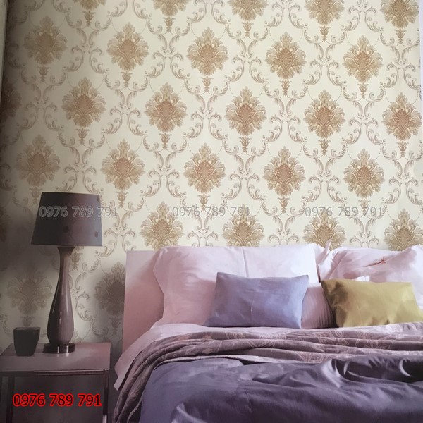 Giấy Dán Tường Hoa Văn Châu Âu Nổi Cho Phòng Ngủ Sang Trọng, Lụa Không Keo, Khổ 10m x 53cm, Màu Vàng, Trắng