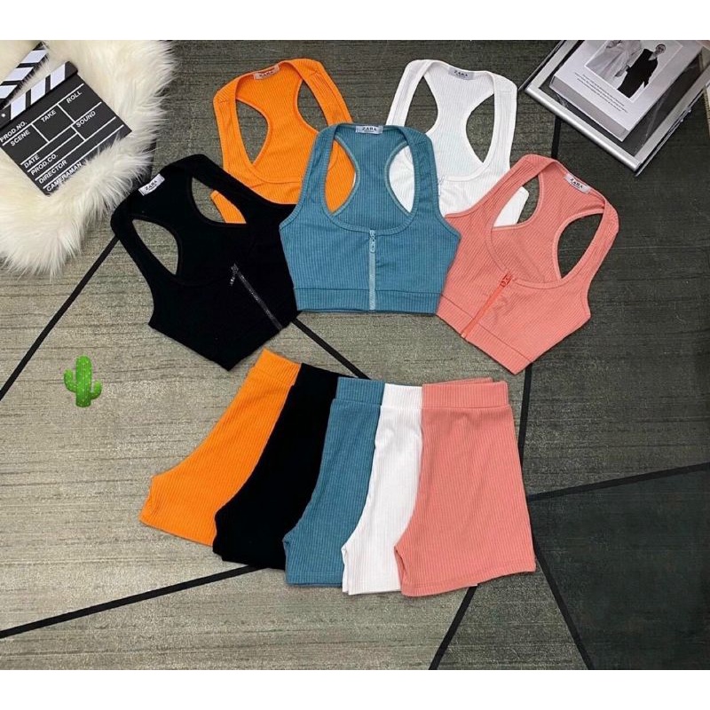 Sét bộ áo zip kéo &amp; quần đùi ôm lưng cao tập gym