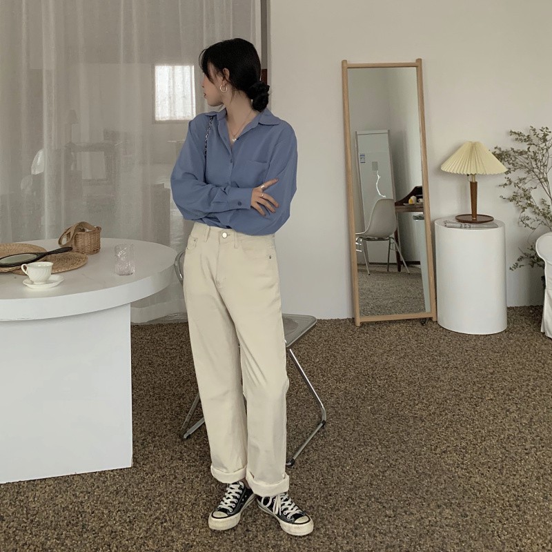 Áo sơ mi tay dài dáng rộng cổ POLO thiết kế trẻ trung cho nữ | BigBuy360 - bigbuy360.vn