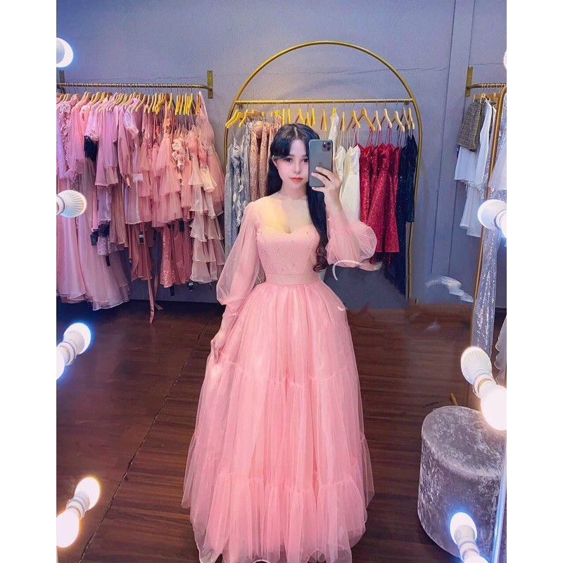 ĐẦM XÒE KIM TUYẾN TAY DÀI ĐÍNH CƯỜM