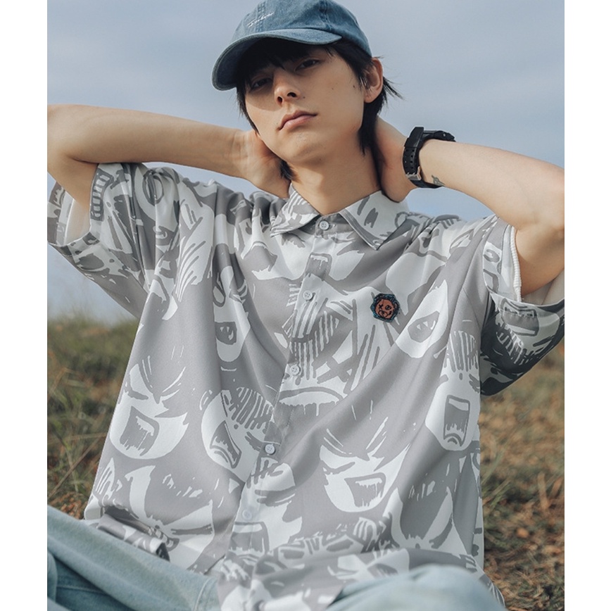 Áo sơ mi họa tiết MEANSTORE nam nữ tay lỡ Oversize form rộng ulzzang cổ pizama không nhăn dáng suông - Thêu logo gấu