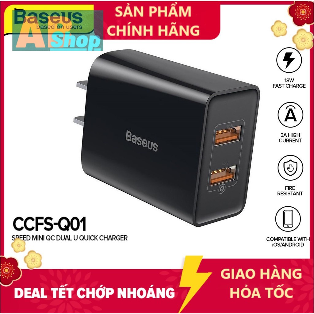 Củ sạc nhanh 2 cổng 18W Baseus - BASEUS Speed Mini QC Dual U Quick Charger 18W Hỗ trợ sạc nhanh 18W