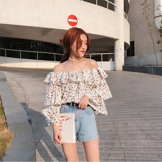 Áo Kiểu Trễ Vai In Họa Tiết Hoa Dễ Thương Thời Trang Cho Nữ