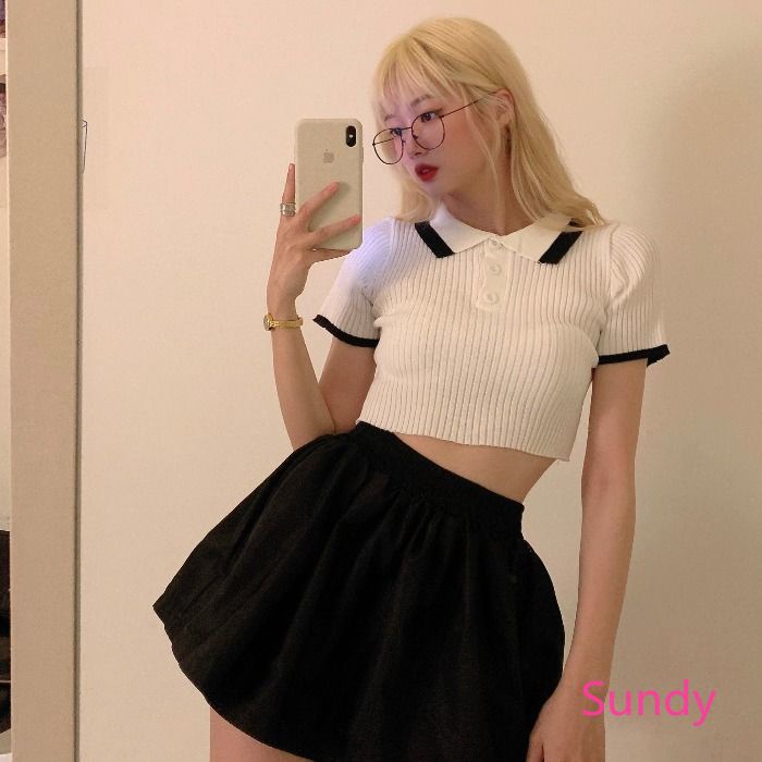 Áo croptop dệt kim cổ áo Polo thời trang mùa hè xinh xắn cho nữ
