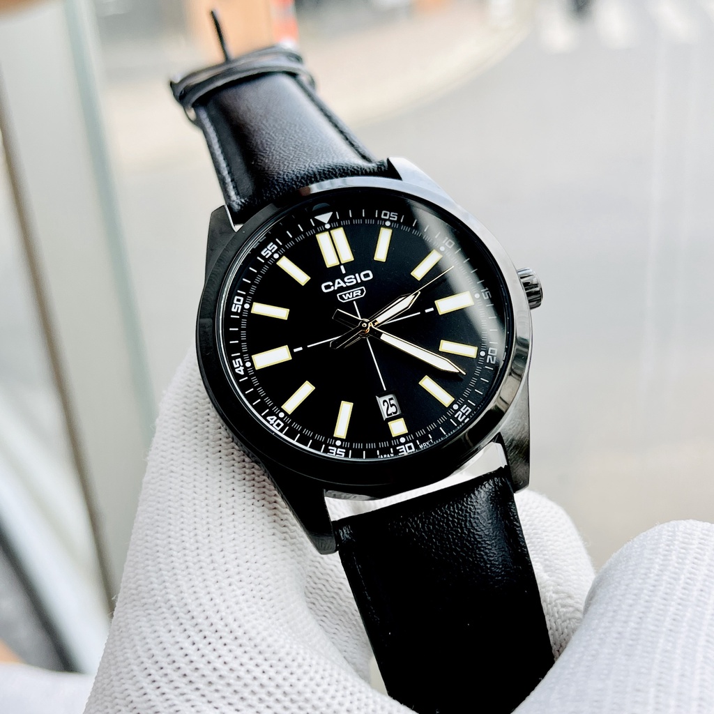 Đồng hồ nam dây da thời trang Casio MTP VD02BL-1E mặt đen - Size 41 Kim dạ quang Bảo hành 1 năm Hyma watch