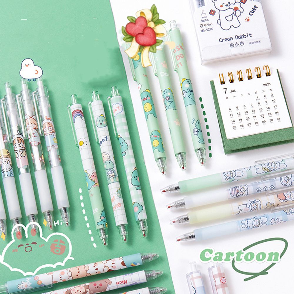 Set 6 bút gel mực đen dạng bấm họa tiết hoạt hình dễ thương