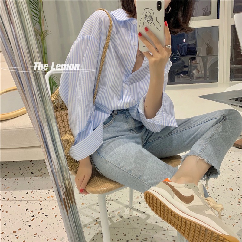 Áo sơ mi tay dài họa tiết sọc thời trang xuân hè sành điệu cho nữ