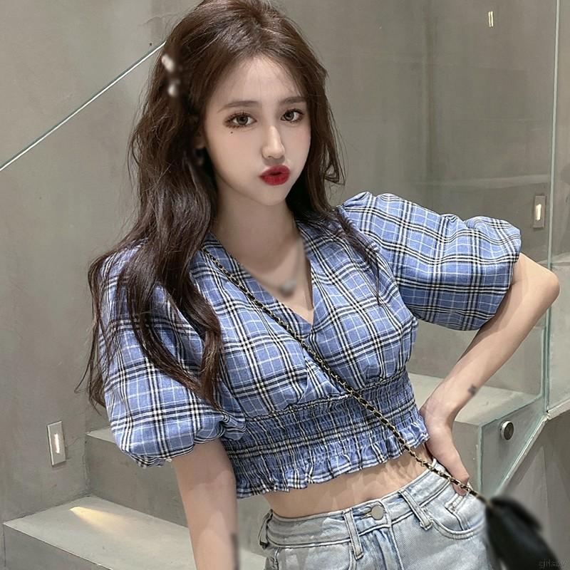  Áo croptop ngắn tay cổ chữ V in caro phong cách cổ điển Hàn Quốc cho nữ | BigBuy360 - bigbuy360.vn