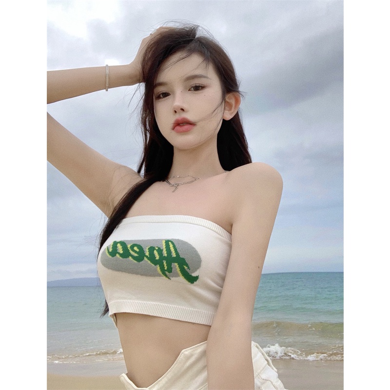 Áo ống kumikumi đan len in logo phong cách Âu Mỹ thời trang cho nữ