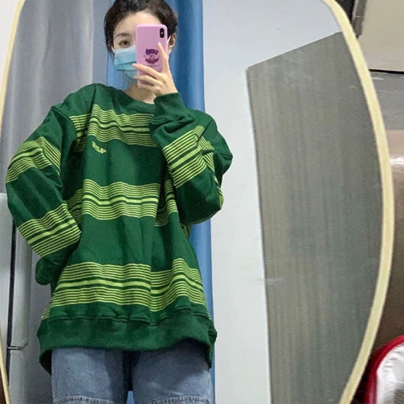 Áo Sweater Cổ Tròn Tay Dài Dáng Rộng Kẻ Sọc Kiểu Retro Đường Phố Cho Nữ