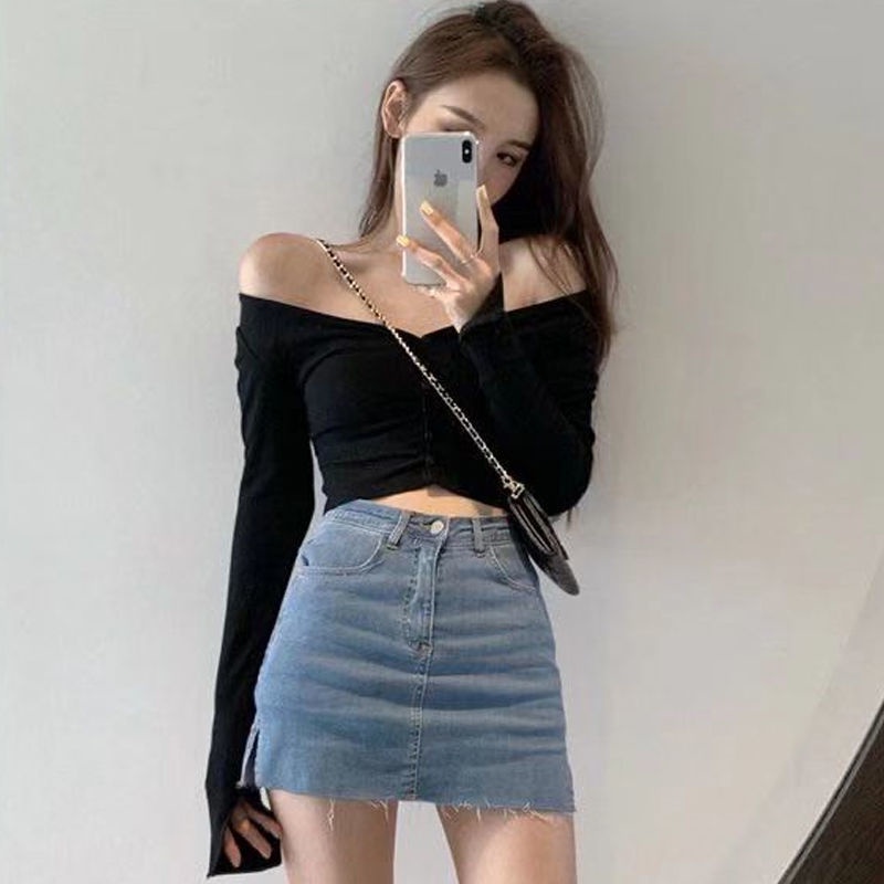 COZOK Chân váy denim lưng cao xẻ tà quyến rũ