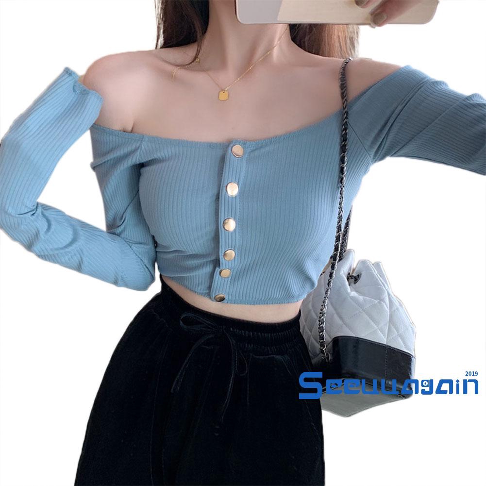 Áo croptop trễ vai tay dài phong cách thời trang quyến rũ