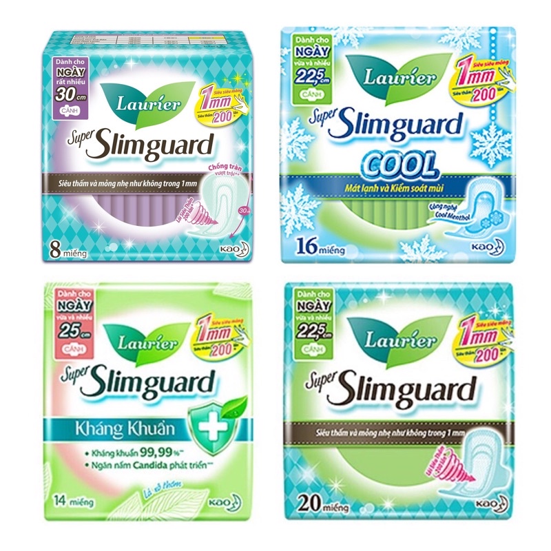 Combo 4 Gói Băng Vệ Sinh Laurier Super Simguard 1mm Siêu Mỏng Cánh tiện lợi (Ban Ngày và Ban Đêm)