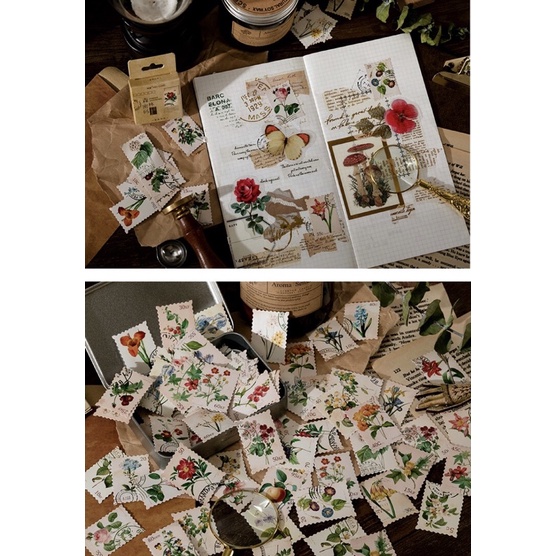 Hộp 46 sticker hoa vintage, tem thư, nhãn dán trang trí