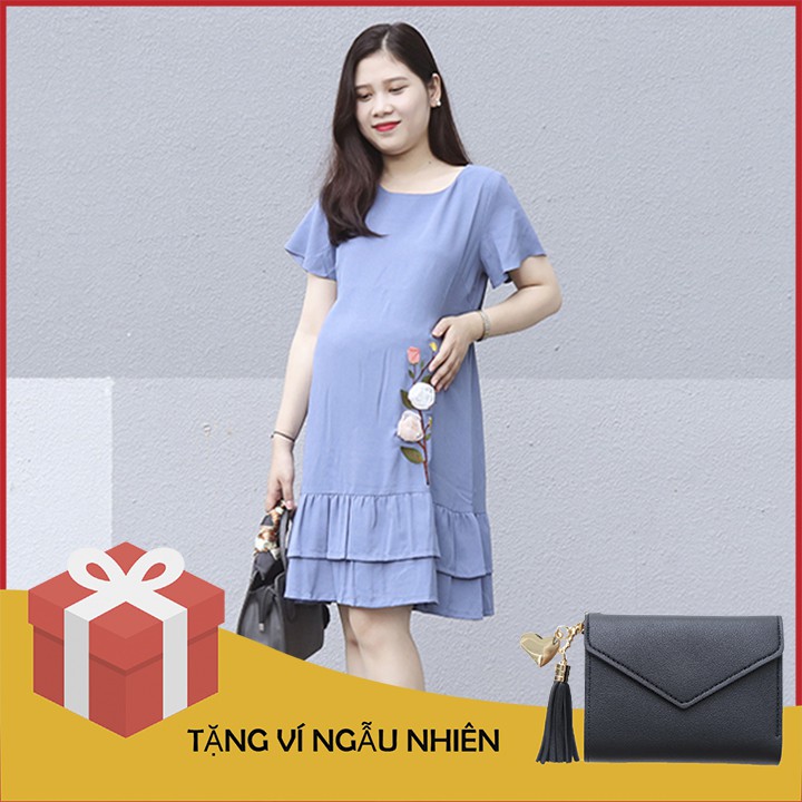 Đầm bầu váy bầu cao cấp thêu hoa lụa MD003