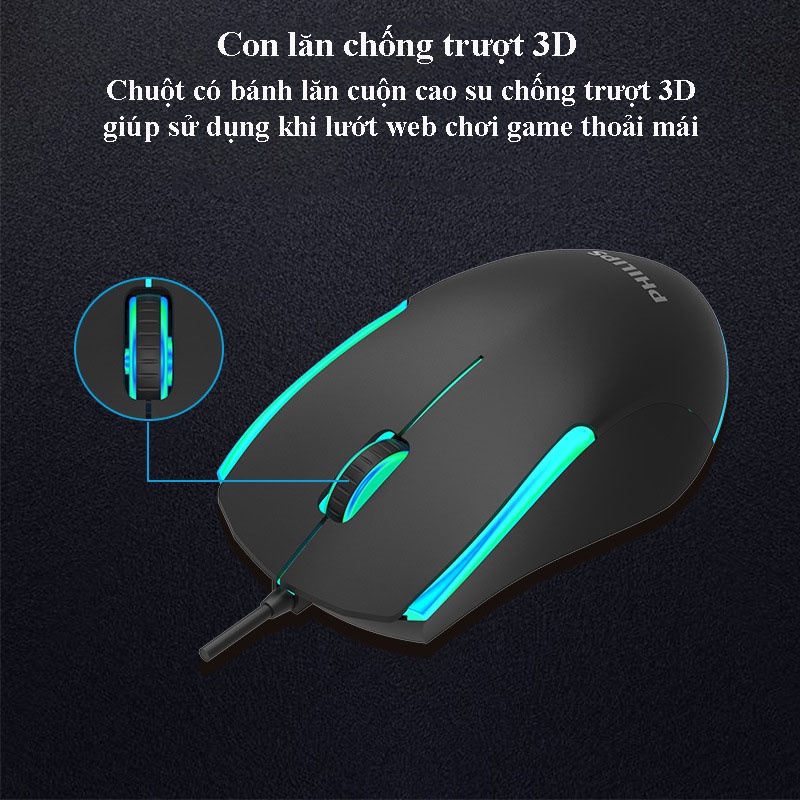 Chuột chơi Game có dây Philips SPK 9314 1200DPI đèn led RGB nhiều màu đầm tay dùng văn phòng cực tốt