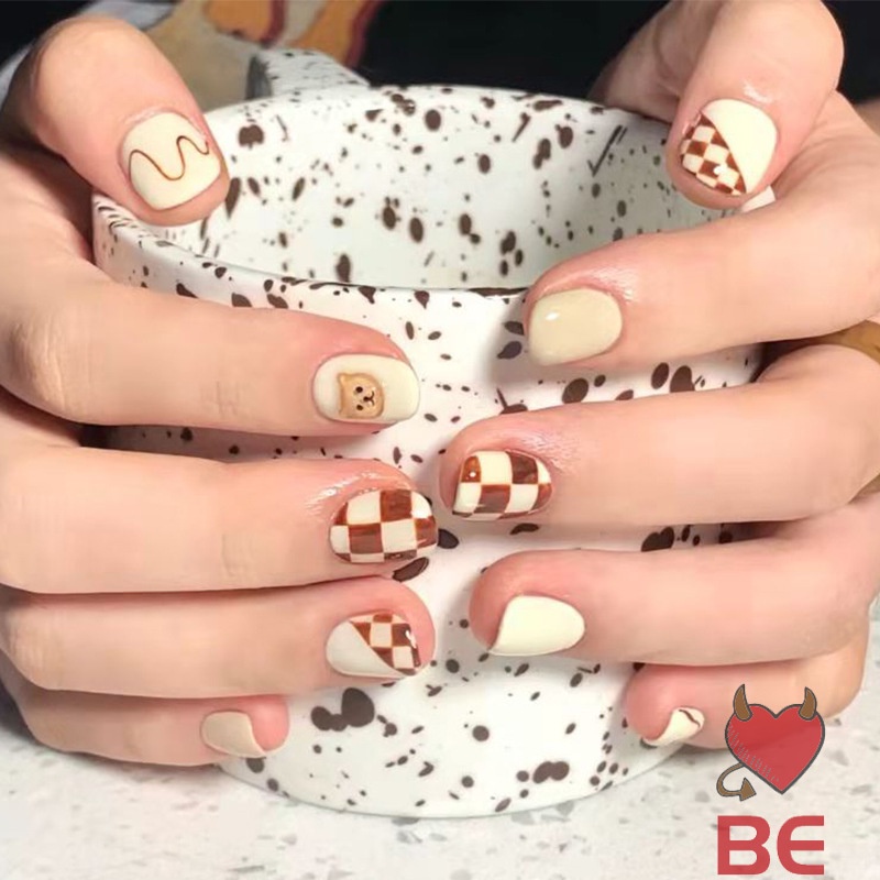 YADORNOS Set 24 móng tay giả hình gấu caro đáng yêu thời trang cho nữ