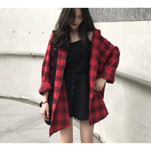 Áo sơ mi oversize caro đỏ