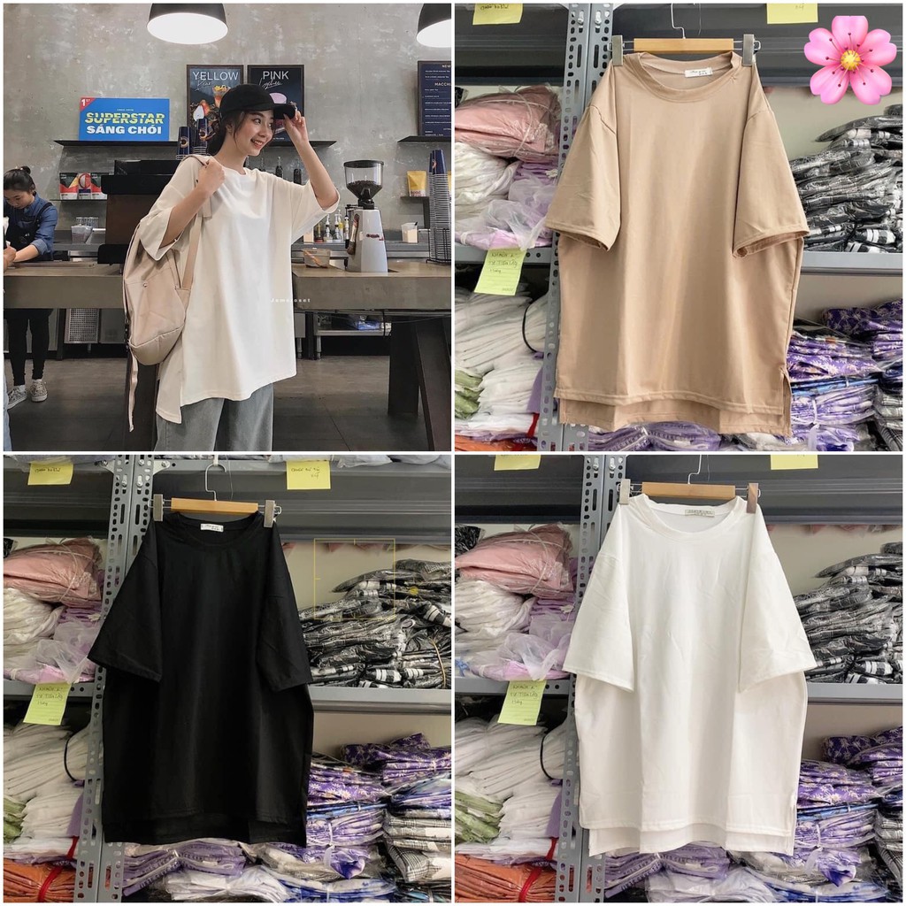 Áo phông trơn dáng rộng xẻ vạt - Thun tay lỡ bigsize form to cổ tròn 4 màu đen trắng tím be ulzzang nữ HOT
