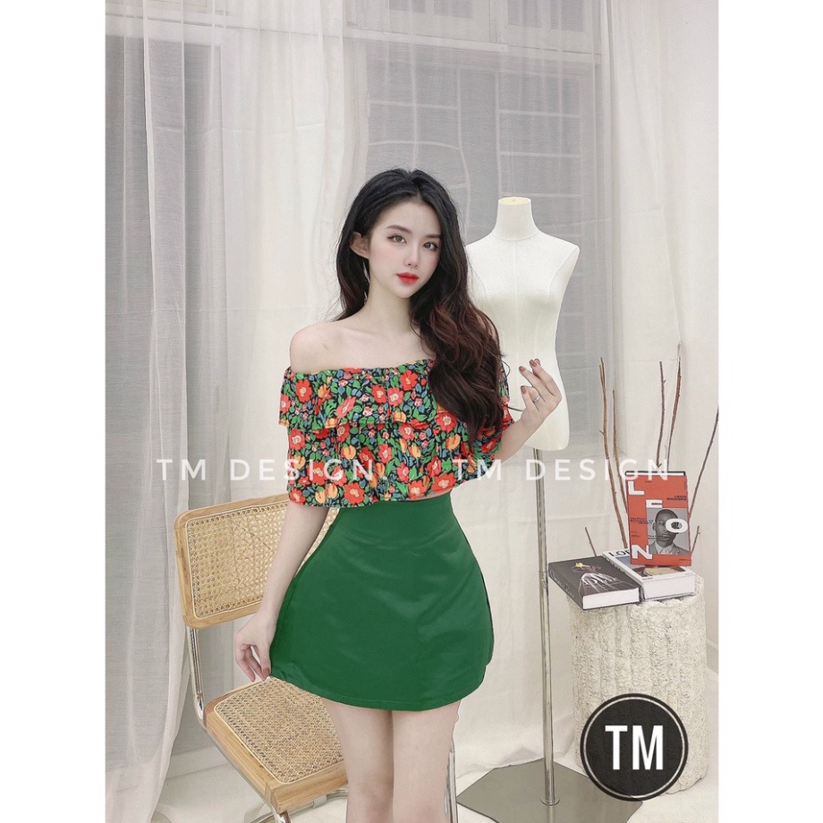 Set áo hoa trễ vai quần short đùi xanh BN320 0322