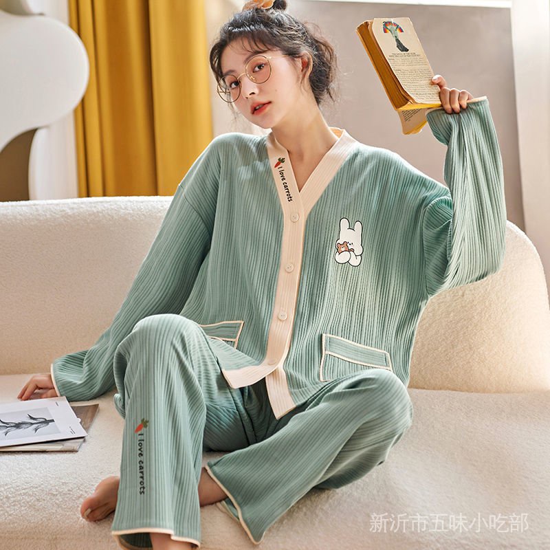 Bộ Đồ Ngủ Tay Dài Chất Lụa Mỏng Nhẹ In Họa Tiết Dễ Thương Thời Trang Xuân Thu Phong Cách Hàn Quốc Cho Nữ