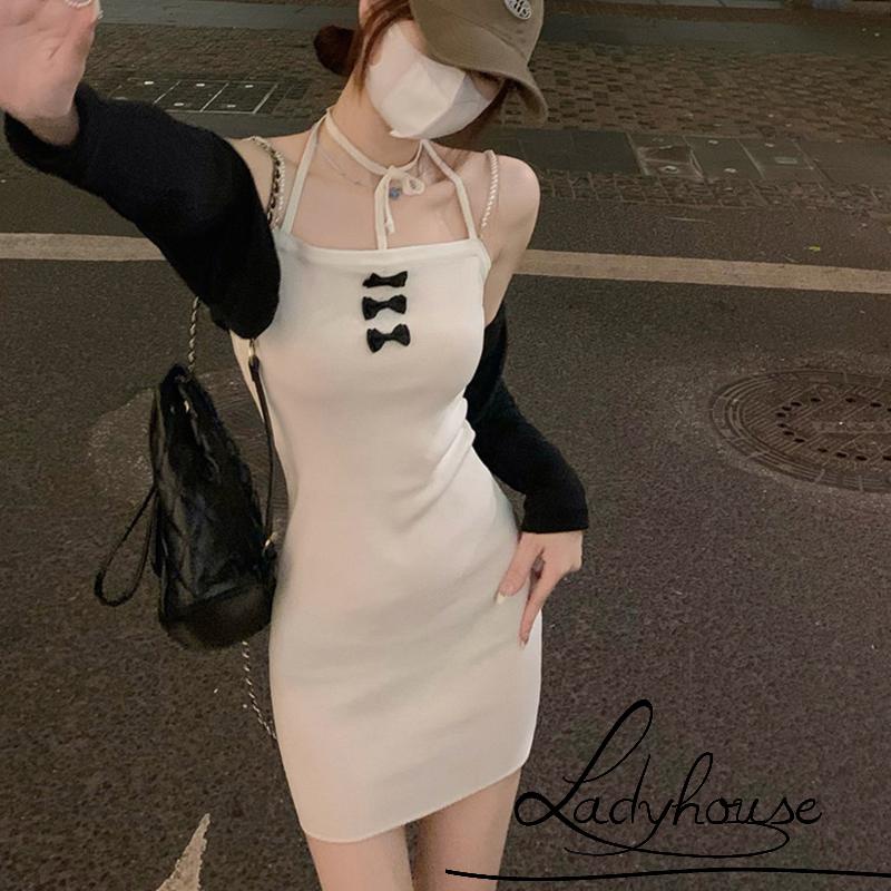 Đầm Ôm Dáng Hai Dây Cột Nơ Đính Ngọc Trai Nhân Tạo Thời Trang Cho Nữ