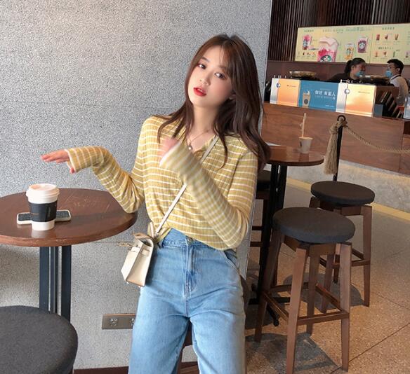 SUXI NEW Áo Thun Nữ Tay Dài Cổ Chữ V Thời Trang Quyến Rũ