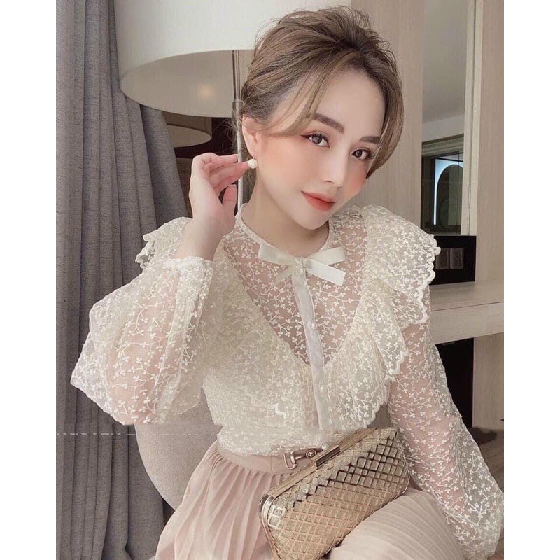 [Mã WASKT304 giảm 15% tối đa 30K đơn 99K] Áo sơ mi bèo ren hoa nổi kèm nơ(125) | BigBuy360 - bigbuy360.vn