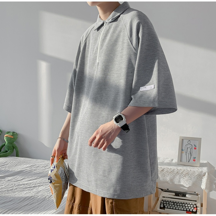 Áo Thun Polo Tay Ngắn Dáng Rộng Màu Trơn Có Khóa Kéo Thời Trang Phong Cách Hàn Quốc Cho Nam Giới