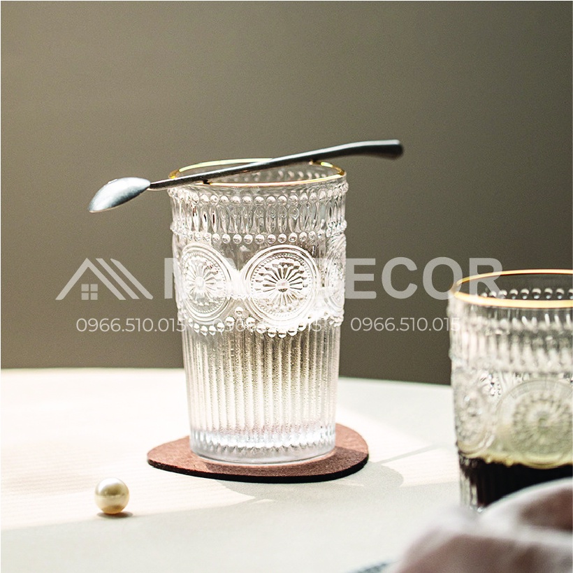 Đồ decor ĐẸP Bộ 6 cốc ly thủy tinh pha lê mạ vàng họa tiết trống đồng chịu nhiệt sang trọng tinh tế - Phong cách Bắc Âu