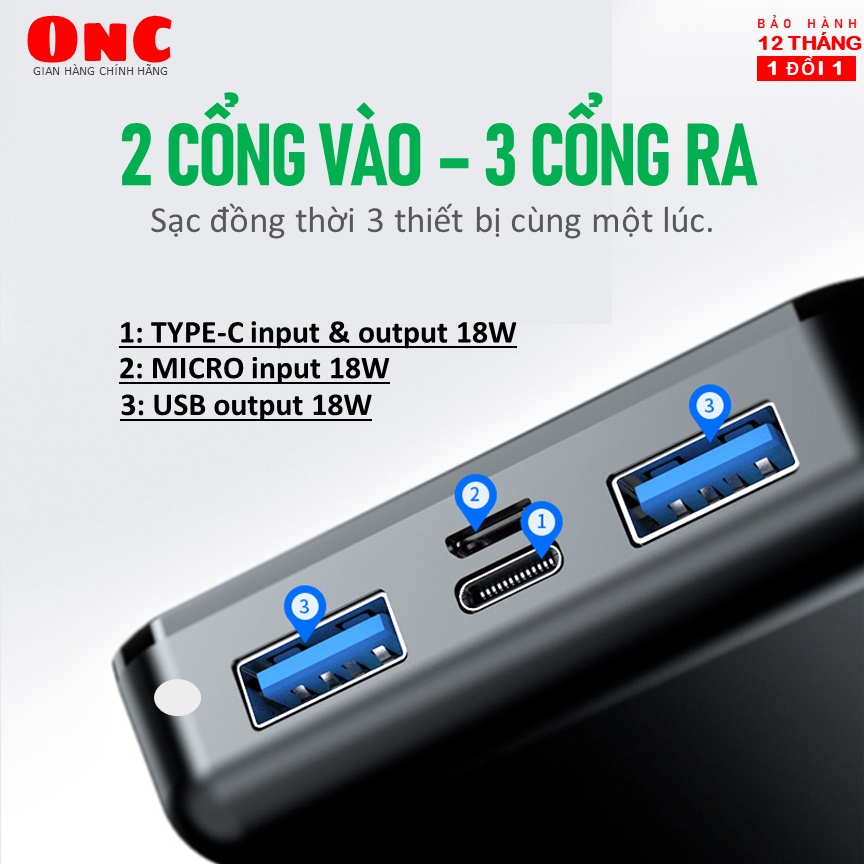 Sạc dự phòng 20000mAh, Sạc nhanh gấp 3 lần sạc thường PD - QC 3.0 18W  Hiển thị %Pin