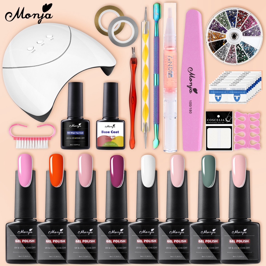 Set 8 gel sơn móng tay màu sắc khác nhau và dụng cụ làm móng MONJA UV/ LED 36W tiện lợi