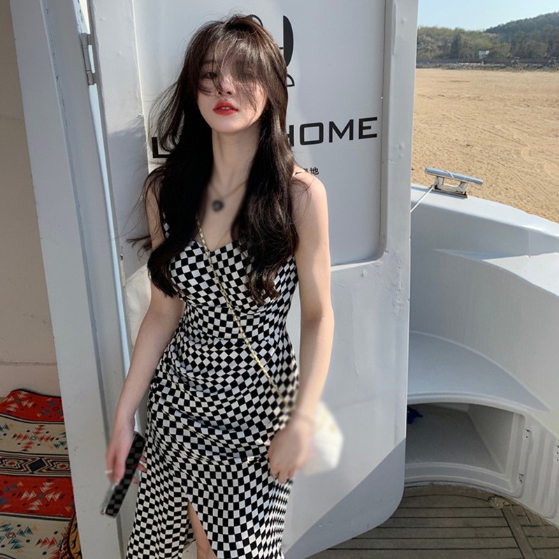 Đầm Hai Dây Dáng Ôm Họa Tiết Sọc Caro Phong Cách Hàn Quốc Thời Trang Mùa Hè Xinh Xắn Cho Nữ