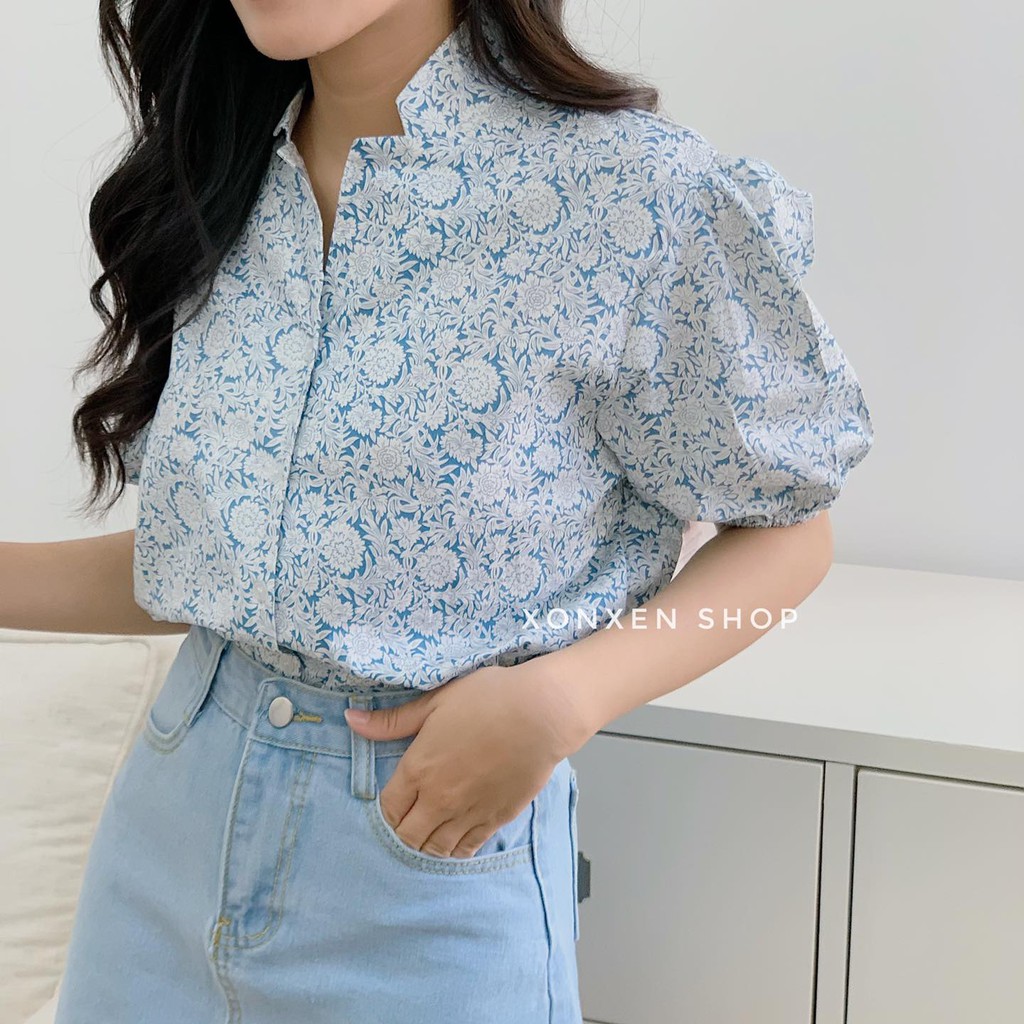 Sơ mi cổ tàu, sơ mi hoa nhí cổ bẻ dễ thương XONXEN SHOP free size mã 5377