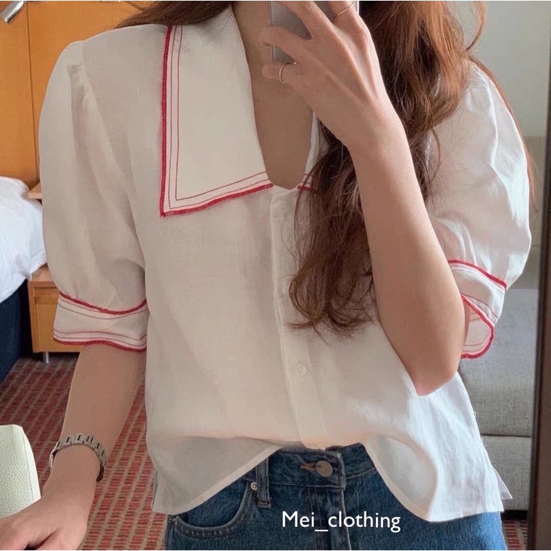 [Ảnh thật/video] Áo sơmi cộc tay thiết kế tay bồng viền màu lạ mắt