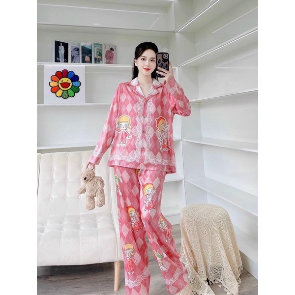 [Hàng sẵn] bộ ngủ mặc nhà pijama lụa xước cao cấp Quảng Châu tay dài ren thoi hồng