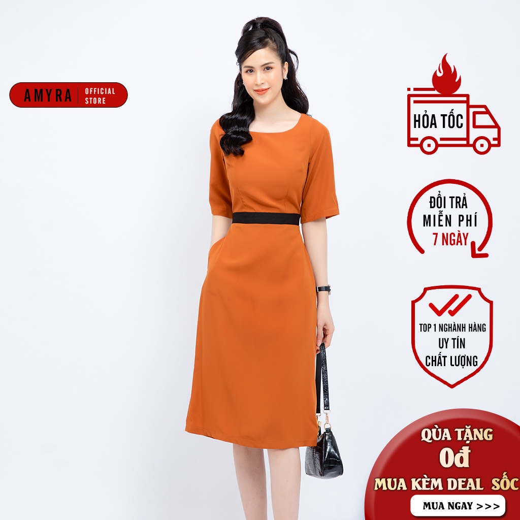 Đầm dự tiệc thiết kế trung niên AMYRA dáng A công sở thanh lịch tay lở phối đai đen đụng DA146