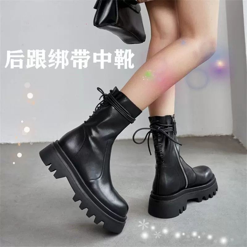 Giày Bốt Da Đế Dày Phối Dây Cột Cá Tính SIZE 37